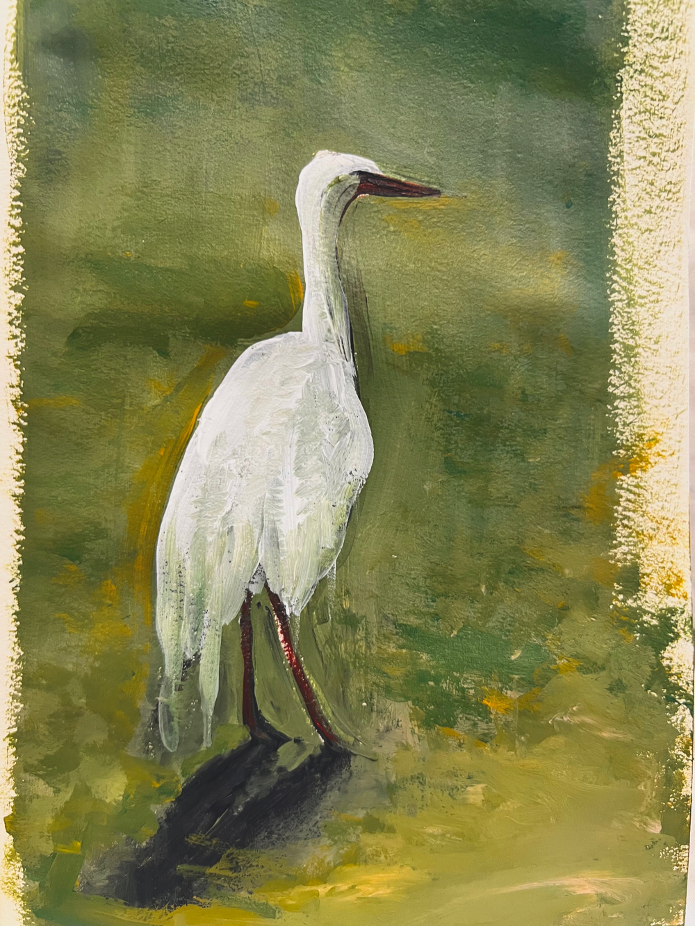 Great Egret in a green field, oil on paper